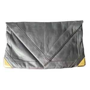 Lou Taylor vtg black leather oversized envelope clutch flip mirror coin purse